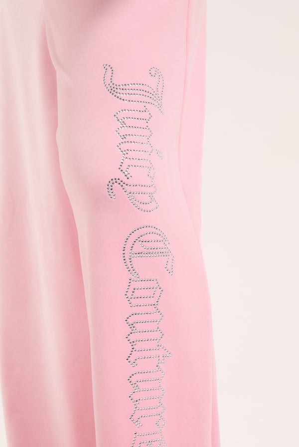 JUICY PINK OUTLINE DIAMANTE WIDE LEG VELOUR TRACK PANT