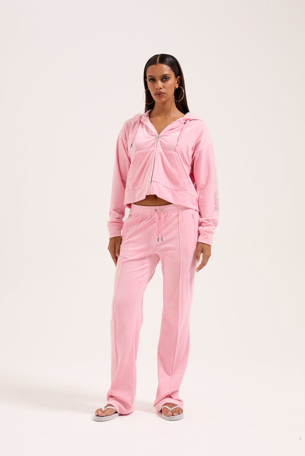 JUICY PINK DIAMANTE OVERSIZED CROPPED VELOUR HOODIE
