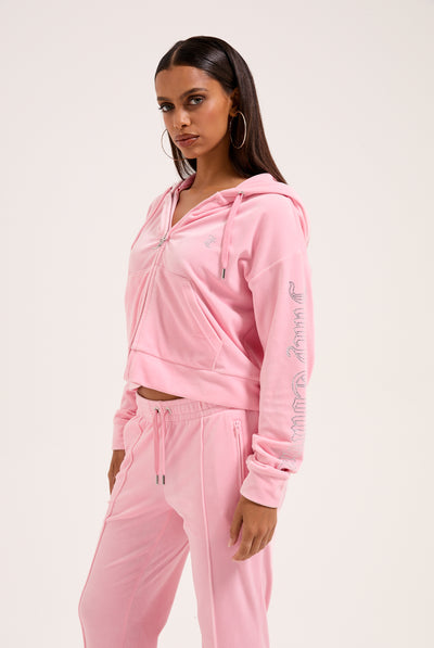 JUICY PINK DIAMANTE OVERSIZED CROPPED VELOUR HOODIE