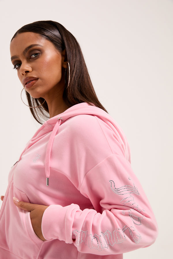JUICY PINK DIAMANTE OVERSIZED CROPPED VELOUR HOODIE