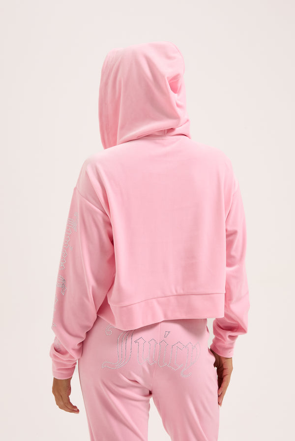 JUICY PINK DIAMANTE OVERSIZED CROPPED VELOUR HOODIE