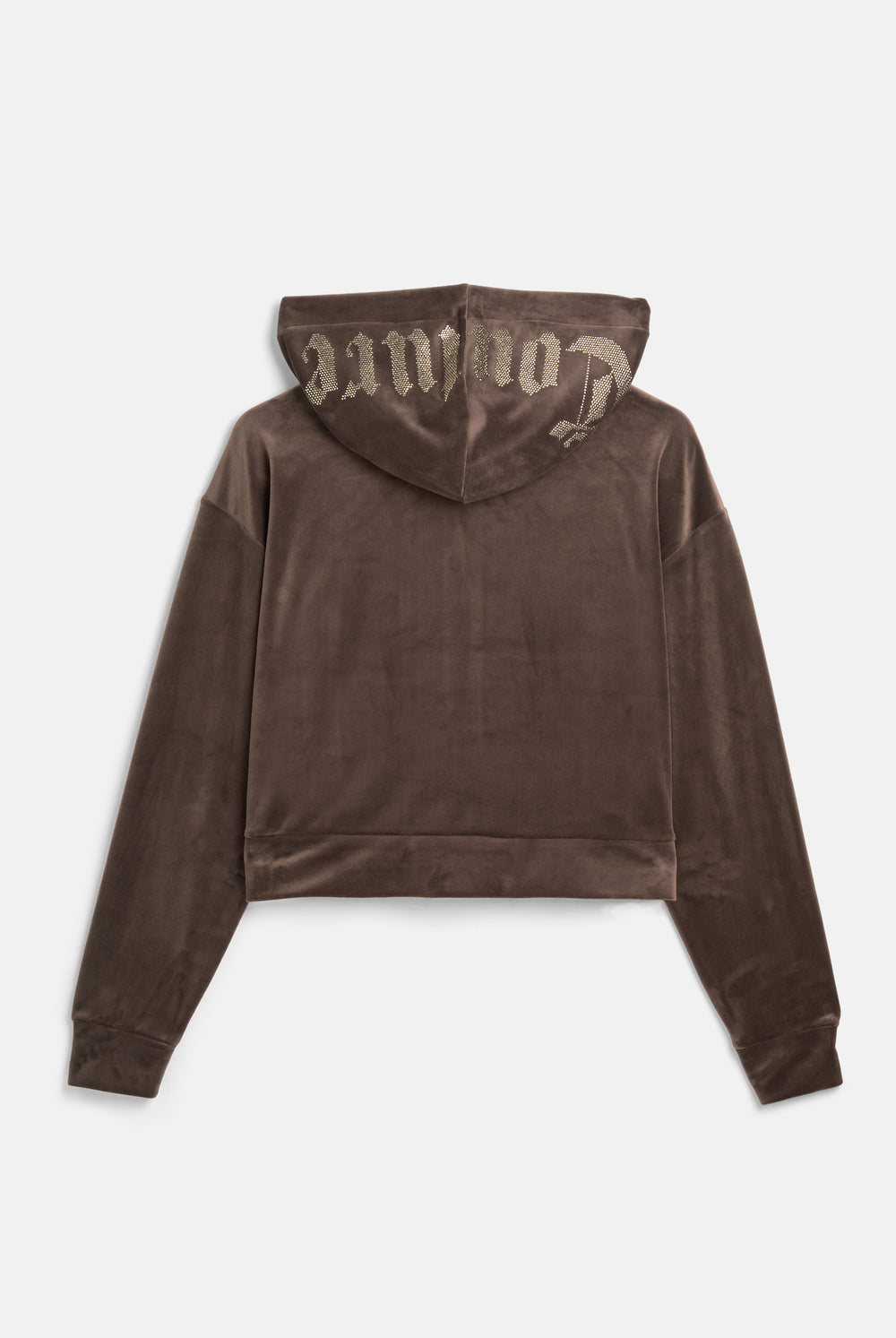 Displays the Java 'Juicy' branded Old Gothic Oversized Cropped Hoodie