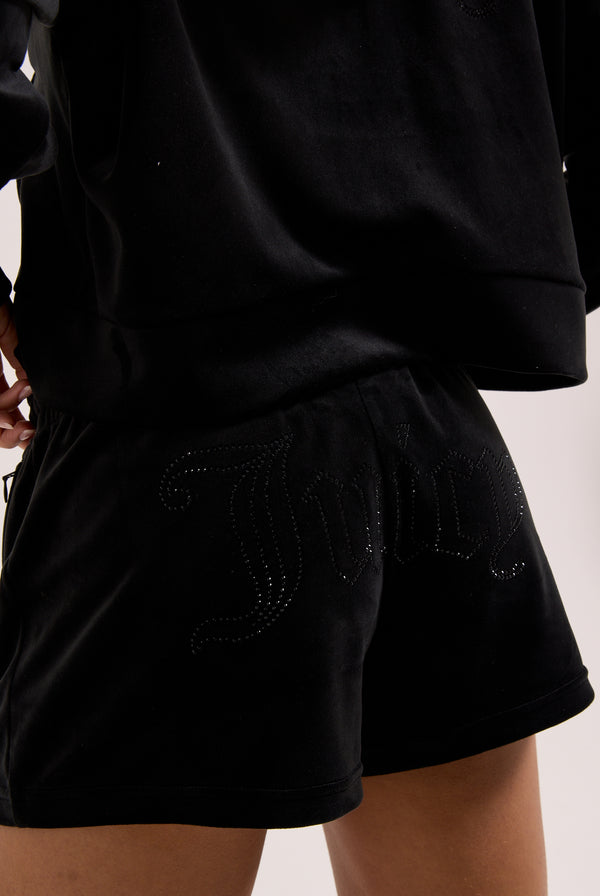 BLACK VELOUR OUTLINE DIAMANTÉ TRACK SHORTS