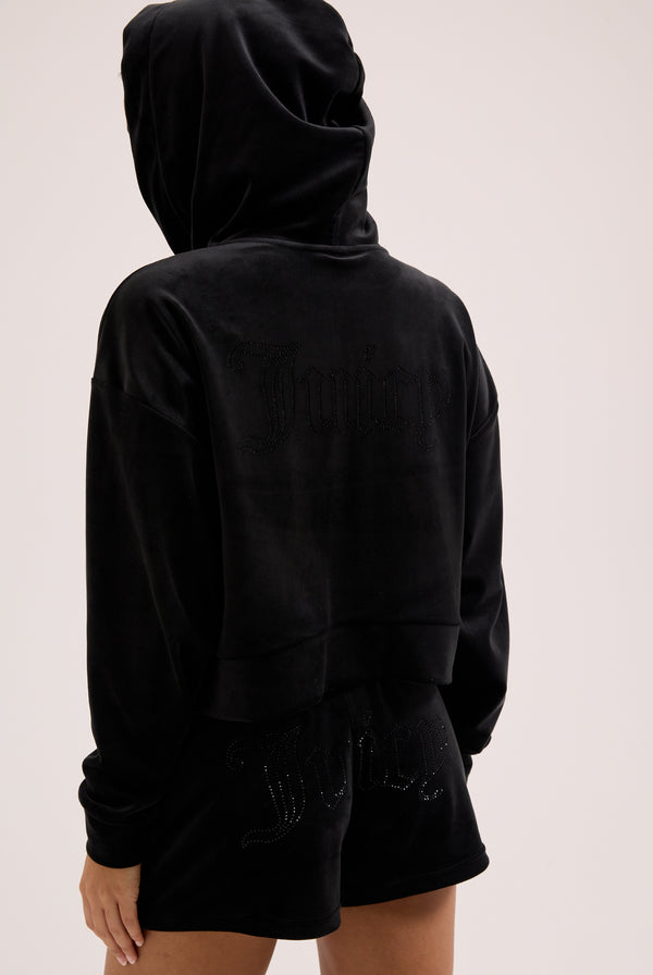BLACK VELOUR OUTLINE DIAMANTÉ TRACK SHORTS