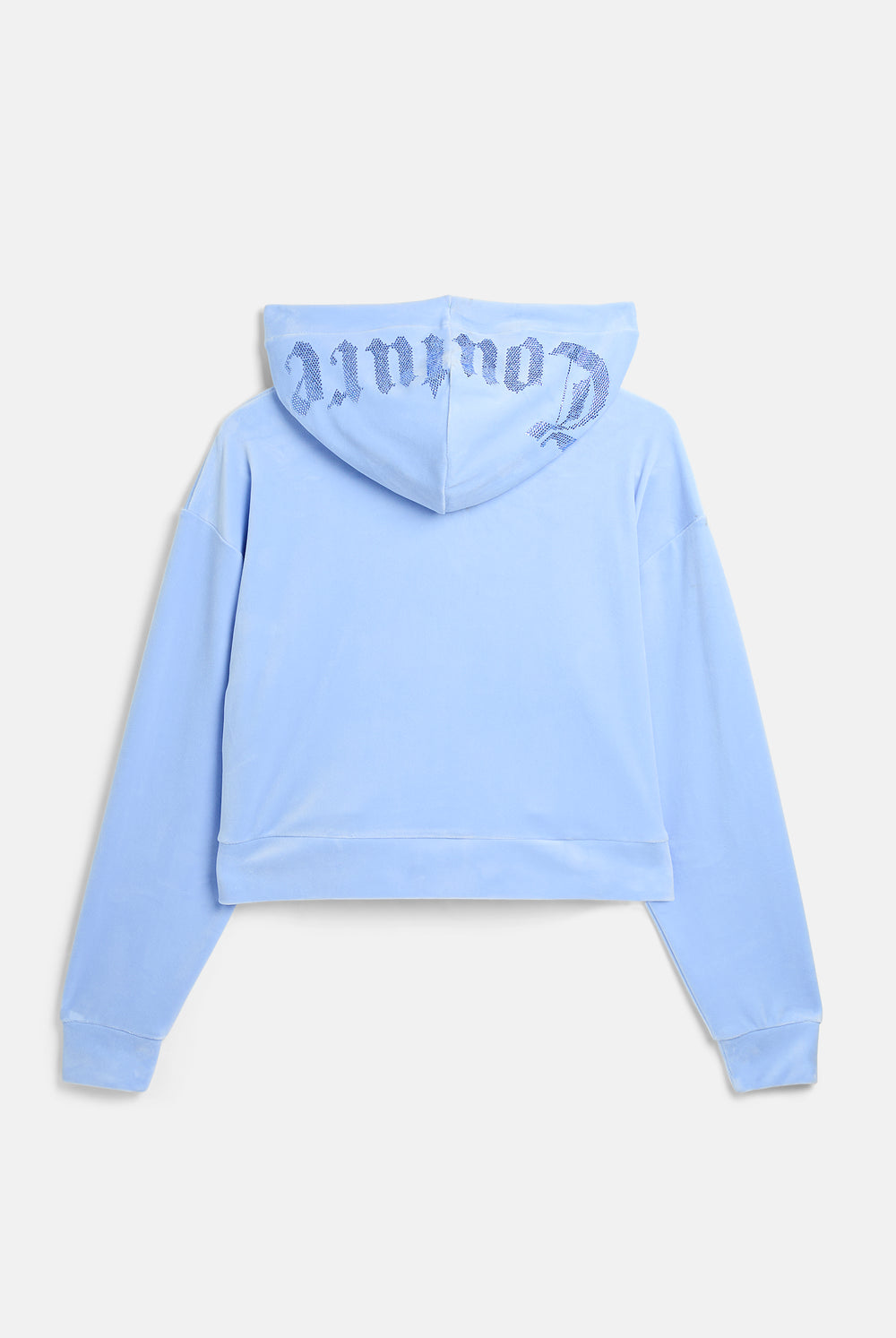 Displays the Powder Blue 'Juicy' branded Old Gothic Oversized Cropped Hoodie 