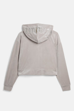 Displays the String 'Juicy' branded Old Gothic Oversized Cropped Hoodie