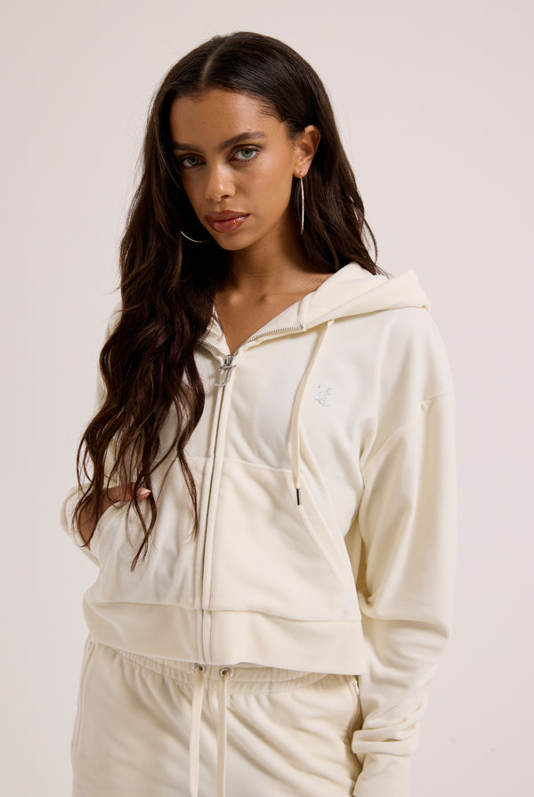 CREAM OUTLINE DIAMANTE OVERSIZED CROPPED HOODIE