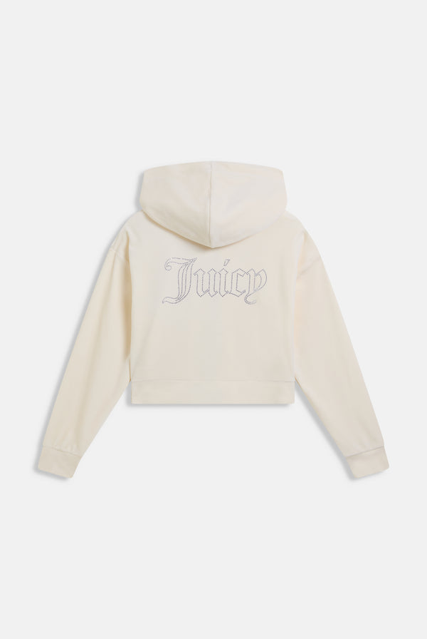 Displays the Cream Outline 'Juicy' branded diamanté oversized cropped hoodie