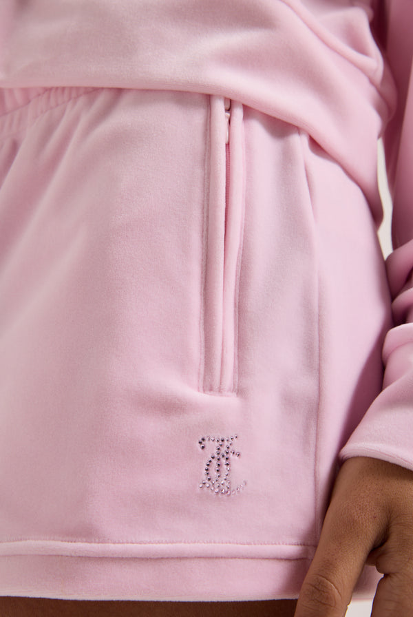 CHERRY BLOSSOM VELOUR OUTLINE DIAMANTÉ TRACK SHORTS