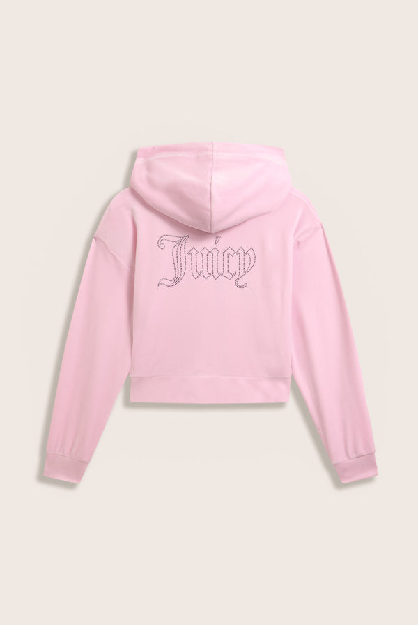Displays the Cherry Blossom 'juicy' branded outline diamanté oversized cropped velour hoodie 