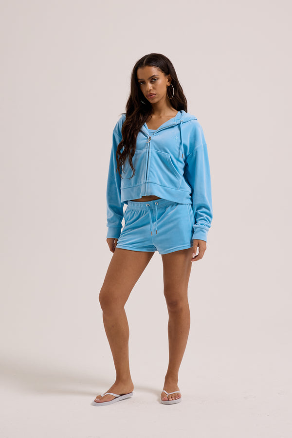 SKY BLUE VELOUR OUTLINE DIAMANTÉ TRACK SHORTS