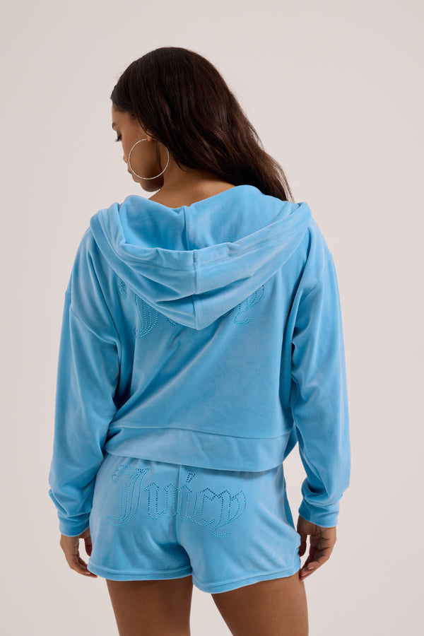 SKY BLUE VELOUR OUTLINE DIAMANTÉ TRACK SHORTS