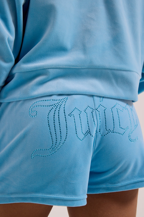SKY BLUE VELOUR OUTLINE DIAMANTÉ TRACK SHORTS