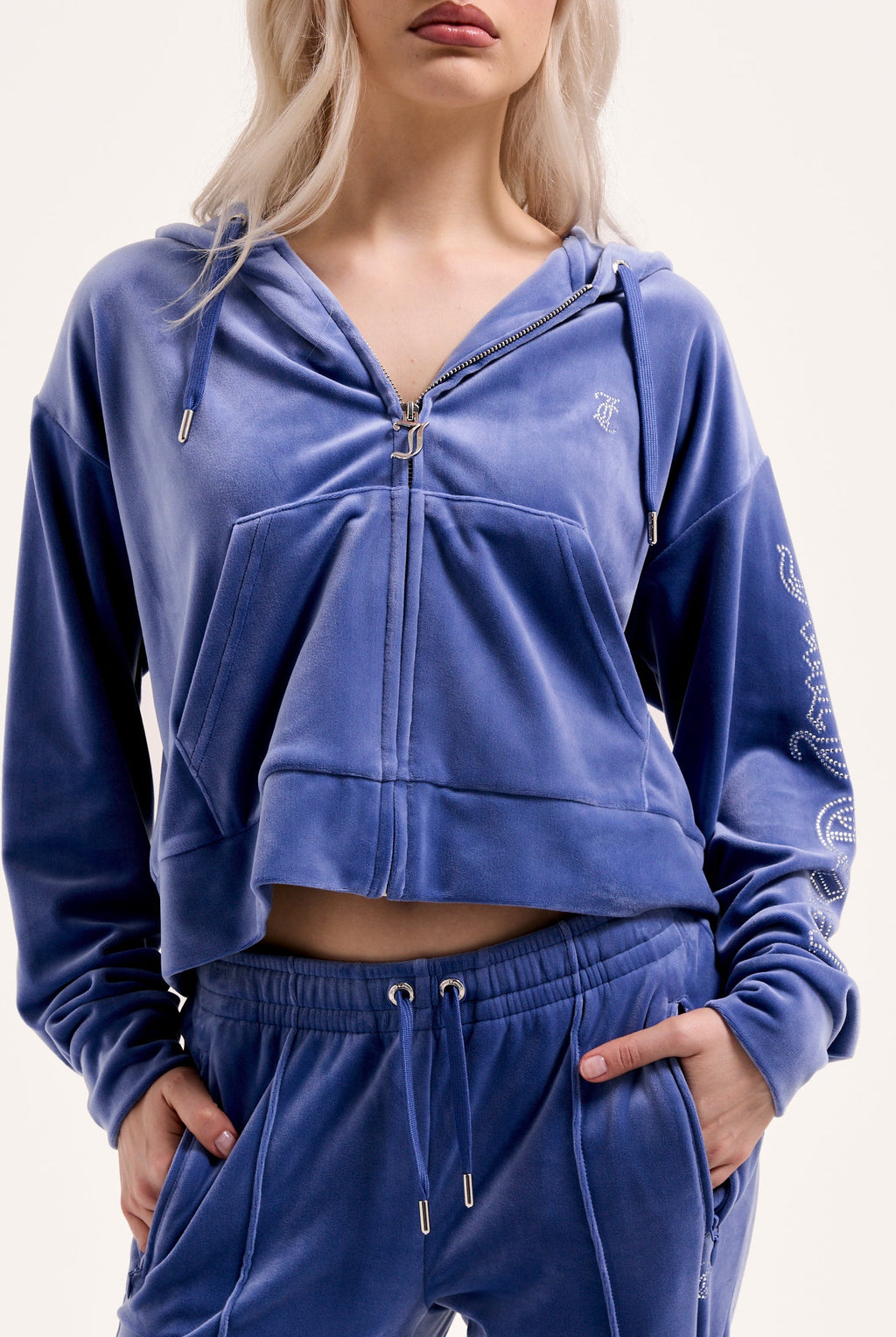 GREY BLUE OUTLINE DIAMANTE OVERSIZED CROPPED HOODIE