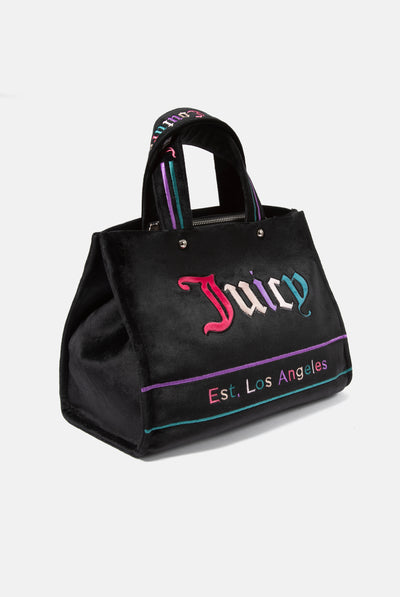 BLACK VELOUR MEDIUM SHOPPER WITH MULTI COLOURED EMBROIDERED LOGO