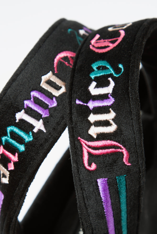 BLACK VELOUR MEDIUM SHOPPER WITH MULTI COLOURED EMBROIDERED LOGO