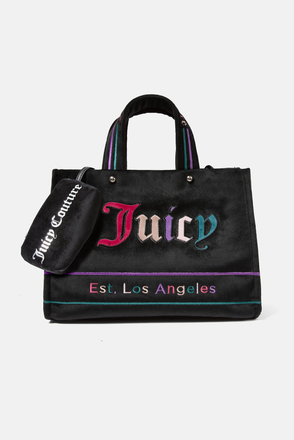 BLACK VELOUR MEDIUM SHOPPER WITH MULTI COLOURED EMBROIDERED LOGO