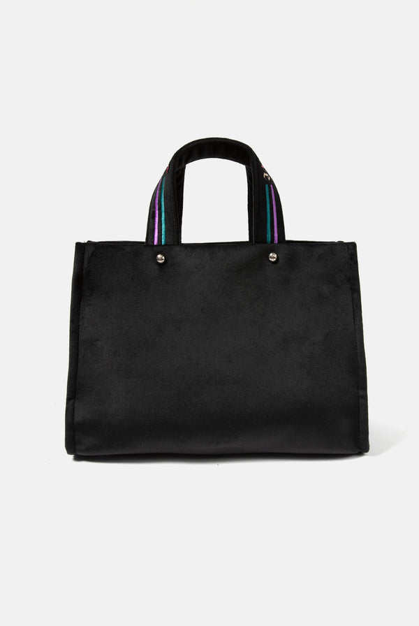 BLACK VELOUR MEDIUM SHOPPER WITH MULTI COLOURED EMBROIDERED LOGO