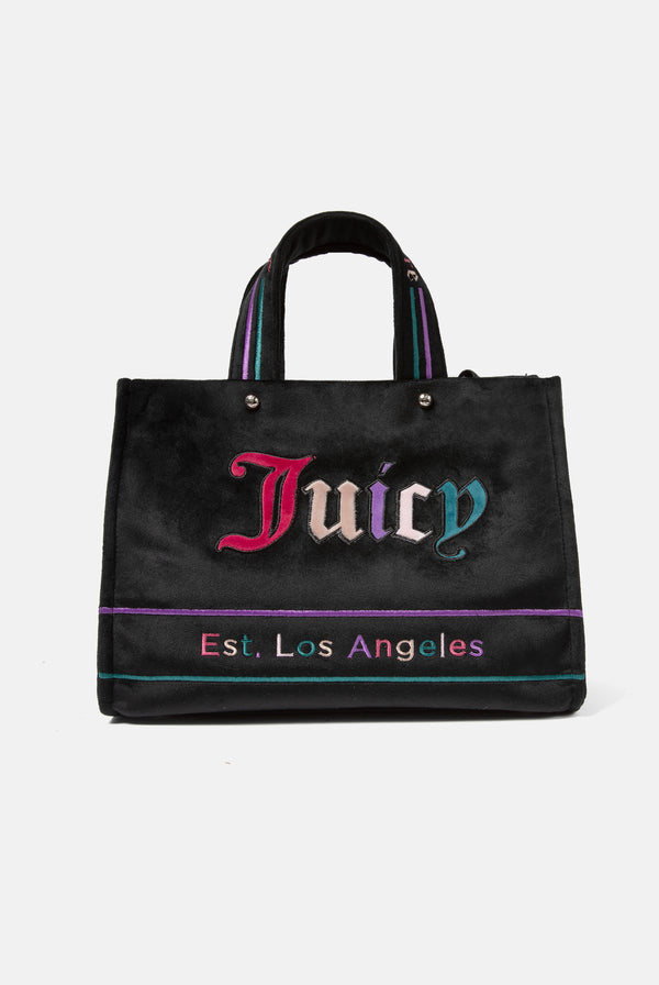 BLACK VELOUR MEDIUM SHOPPER WITH MULTI COLOURED EMBROIDERED LOGO