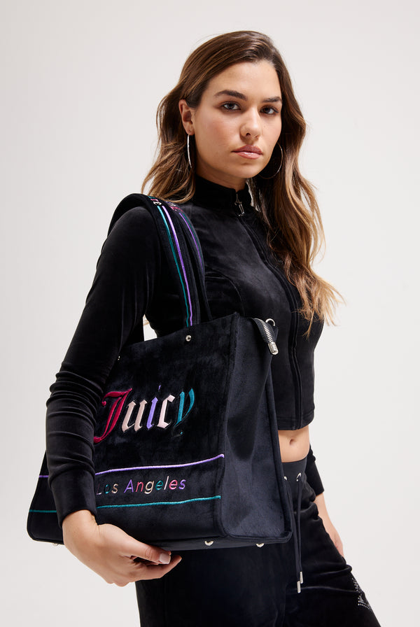 BLACK VELOUR MEDIUM SHOPPER WITH MULTI COLOURED EMBROIDERED LOGO