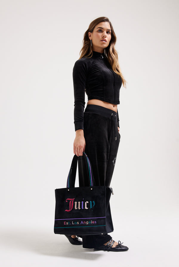 BLACK VELOUR MEDIUM SHOPPER WITH MULTI COLOURED EMBROIDERED LOGO