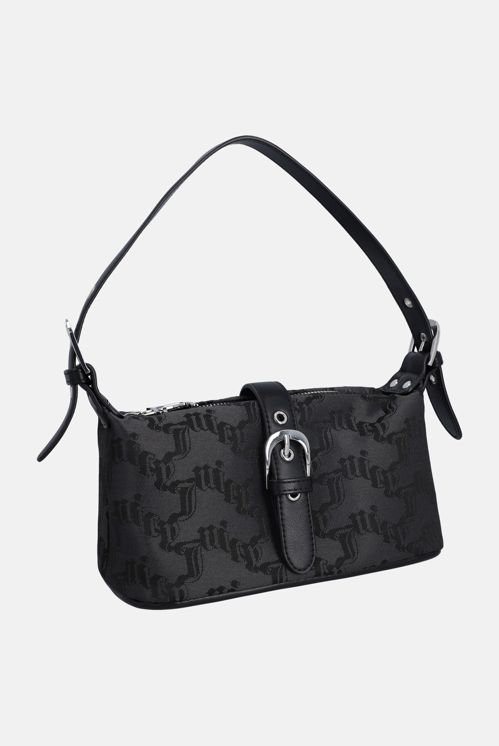 Displays the Black jacquard 'Juicy' branded soft buckle bag 