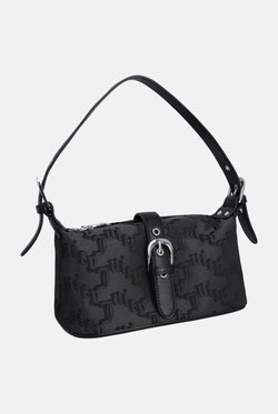 Displays the Black jacquard 'Juicy' branded soft buckle bag 