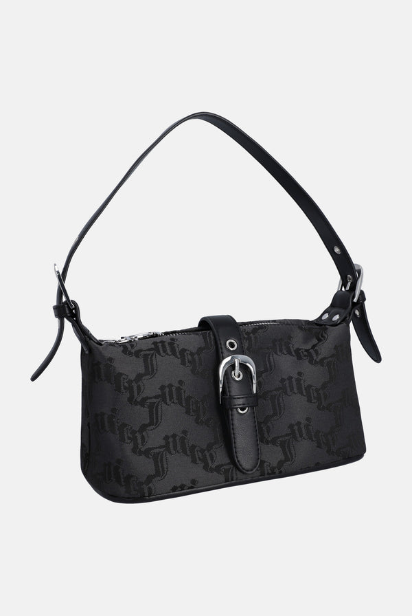 Displays the Black jacquard 'Juicy' branded soft buckle bag 
