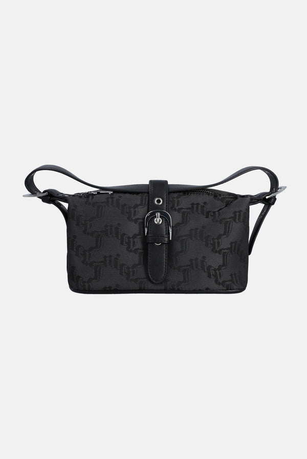 Displays the Black jacquard 'Juicy' branded soft buckle bag 