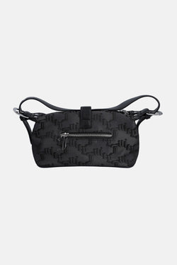 Displays the Black jacquard 'Juicy' branded soft buckle bag 