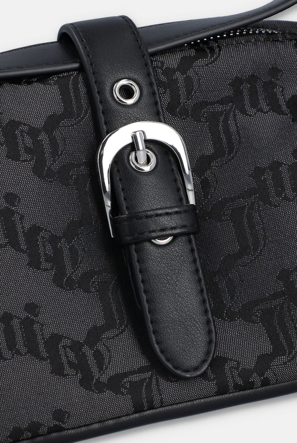 Displays the Black jacquard 'Juicy' branded soft buckle bag 