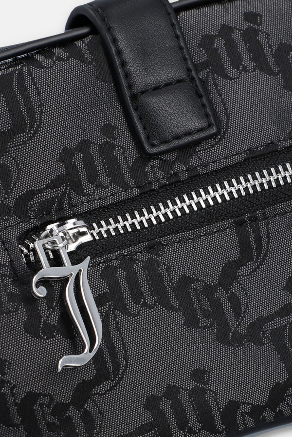 Displays the Black jacquard 'Juicy' branded soft buckle bag featuring the juicy zip 