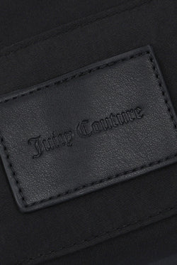 Displays the Black jacquard 'Juicy' branded soft buckle bag featuring the juicy couture 