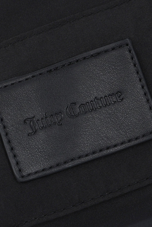 Displays the Black jacquard 'Juicy' branded soft buckle bag featuring the juicy couture 