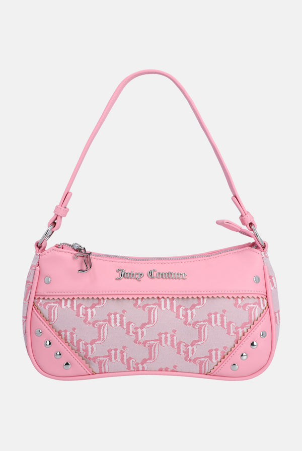 Displays the juicy pink 'Juicy' branded jacquard pu bag