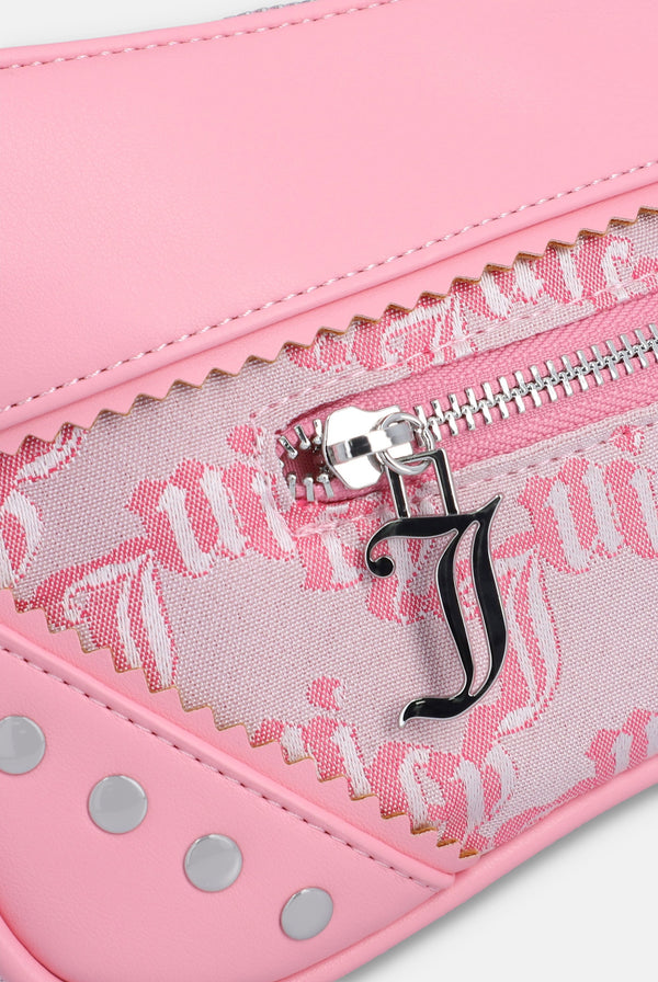 Displays the juicy pink 'Juicy' branded jacquard pu bag featuring the juicy zip 