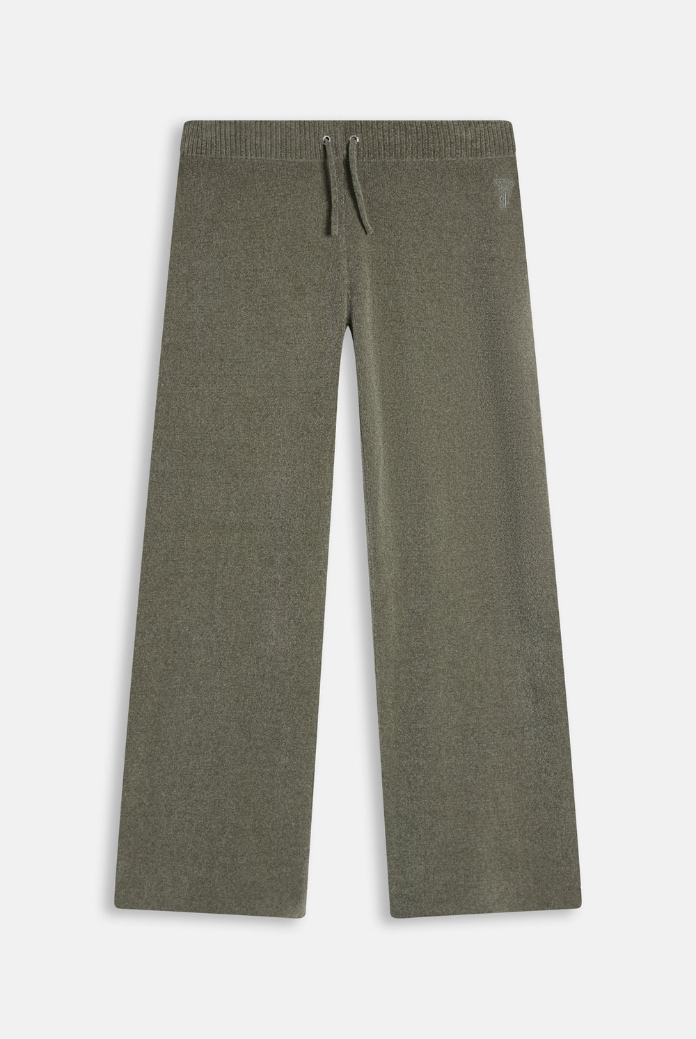 Displays the Oil Green 'Juicy' branded Luxe Knit Straight Leg Pant