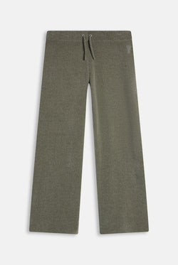 Displays the Oil Green 'Juicy' branded Luxe Knit Straight Leg Pant