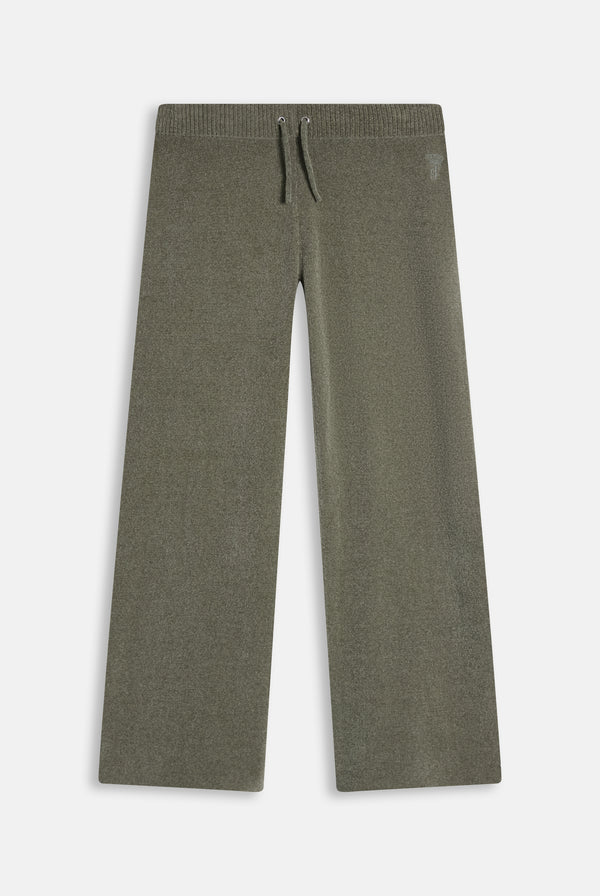 Displays the Oil Green 'Juicy' branded Luxe Knit Straight Leg Pant