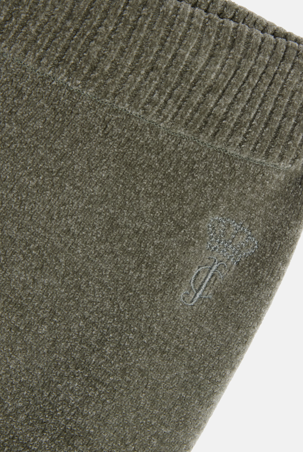Displays the Oil Green 'Juicy' branded Luxe Knit Straight Leg Pant featuring the juicy branding 