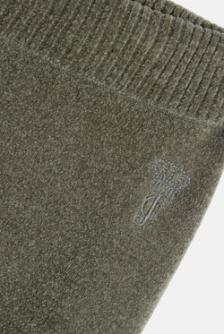 Displays the Oil Green 'Juicy' branded Luxe Knit Straight Leg Pant featuring the juicy branding 