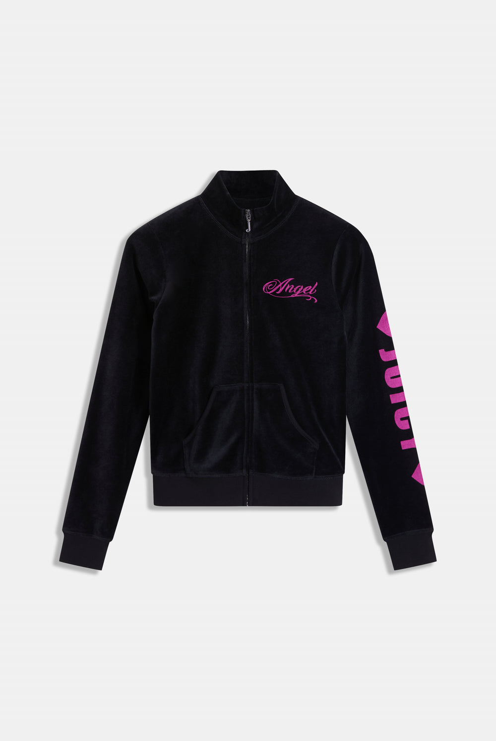 Displays the Black 'Juicy' branded angel cotton velour track top