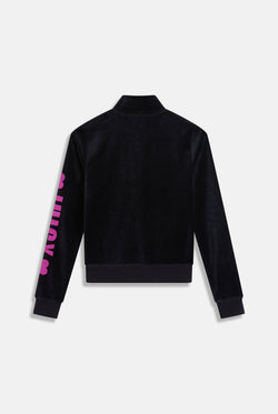 Displays the Black 'Juicy' branded angel cotton velour track top