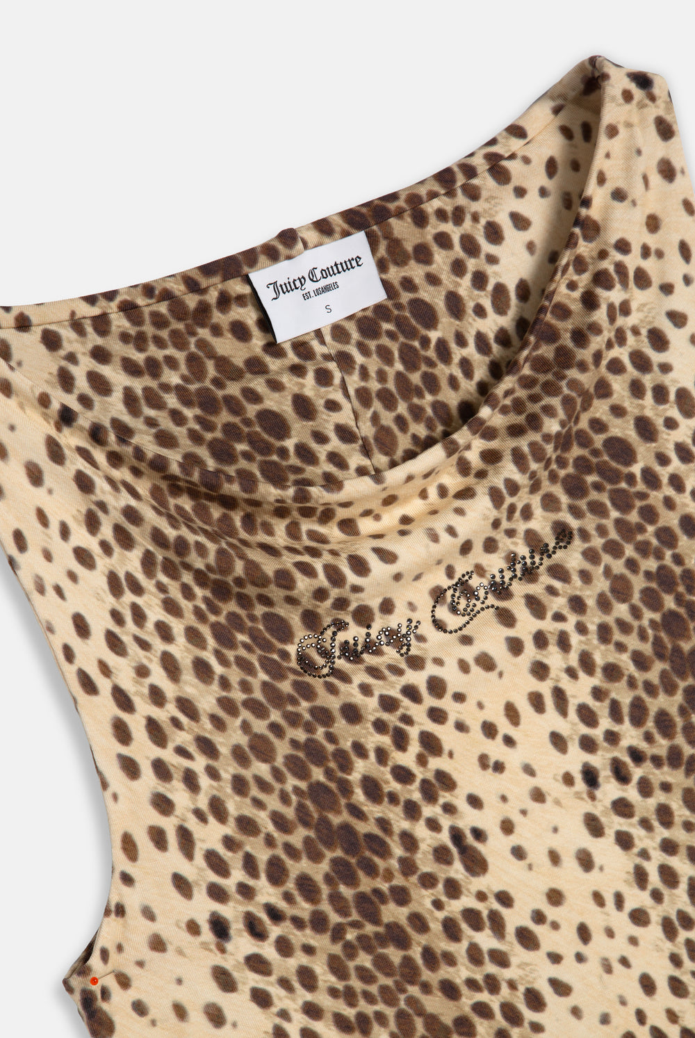 Displays the natural cheetah print 'juicy' branded off the shoulder jc top 