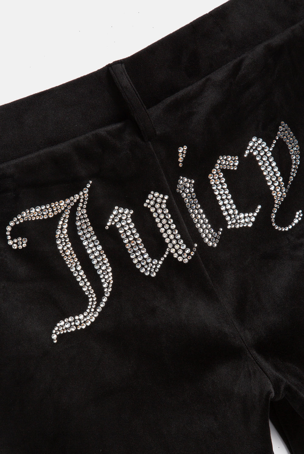 Displays the Black 'Juicy' branded diamanté capri featuring the juicy branding 