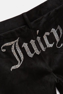 Displays the Black 'Juicy' branded diamanté capri featuring the juicy branding 