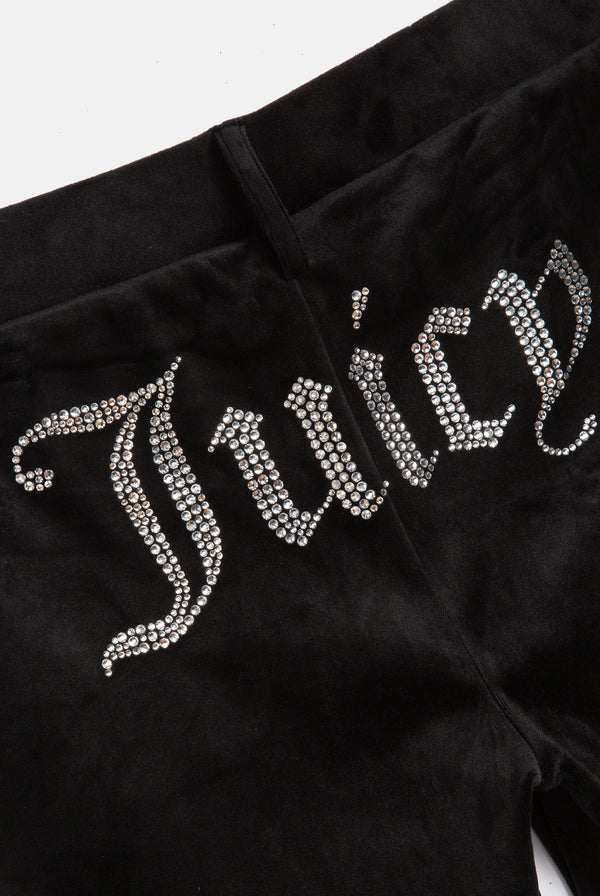 Displays the Black 'Juicy' branded diamanté capri featuring the juicy branding 