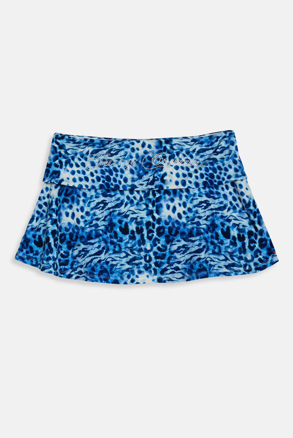 Displays the blue leopard print 'Juicy' branded jersey roll down mini skirt 