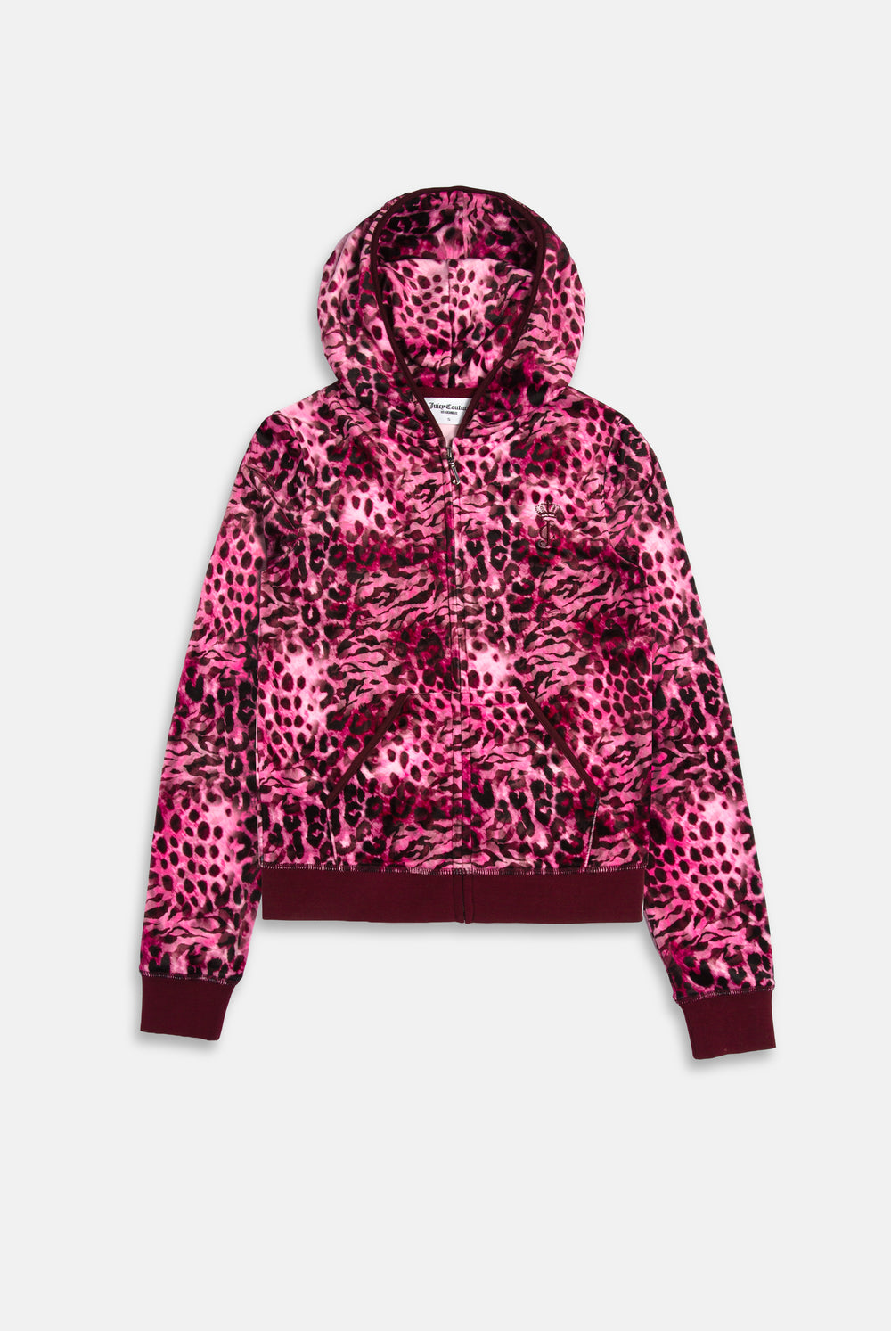 Displays the Pink Leopard 'Juicy' branded cheetah track top 
