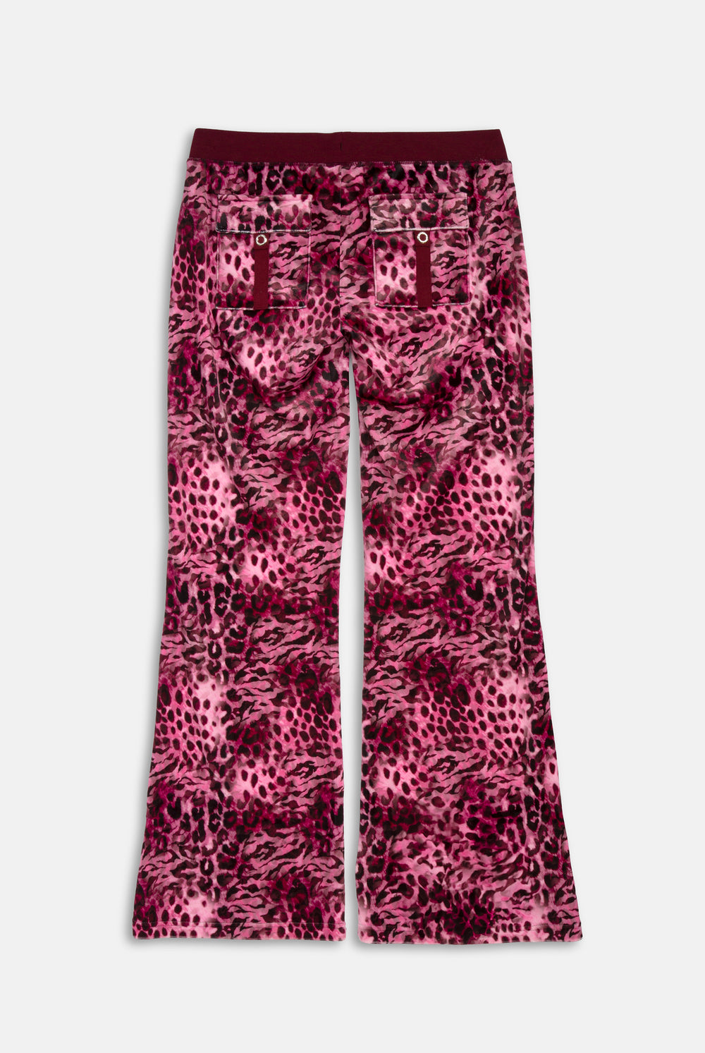 Displays the pink leopard 'Juicy' branded cheetah track bottoms 